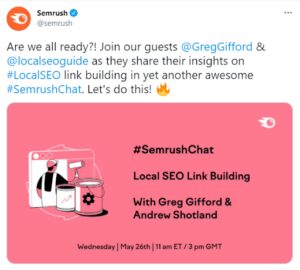 A tweet shared by Semrush with mentions of #SemrushChat